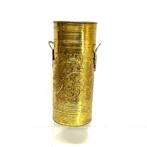 Umbrella Cane Brass Stand Grape Handle Detail Hand Hammered Reverse Floral Vinta - Picture 2 of 12
